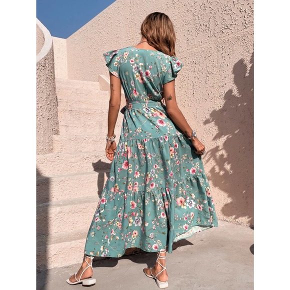 Floral Print Butterfly Sleeve Ruffle Hem Belted maxi Dress cream orange boho - Picture 4 of 12